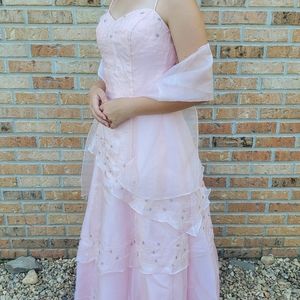 Pastel pink very detailed lace up long prom dress